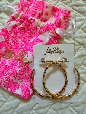 Lilly Pulitzer Gold Bamboo Hoop Earrings with Pink Logo Pouch